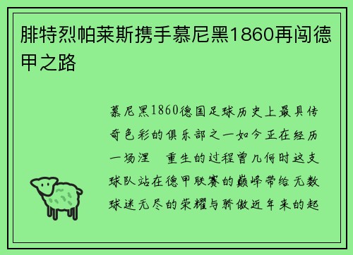 腓特烈帕莱斯携手慕尼黑1860再闯德甲之路
