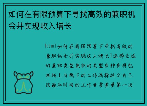 如何在有限预算下寻找高效的兼职机会并实现收入增长