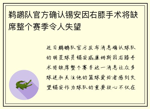鹈鹕队官方确认锡安因右膝手术将缺席整个赛季令人失望