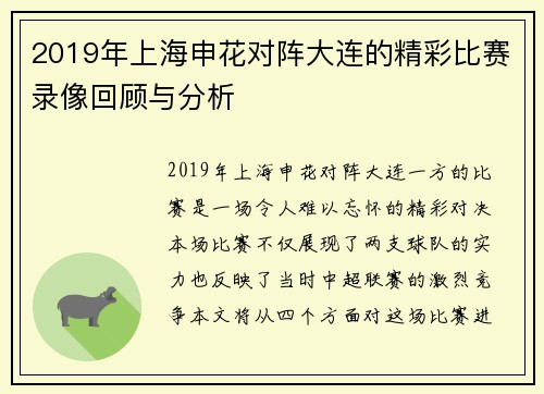2019年上海申花对阵大连的精彩比赛录像回顾与分析