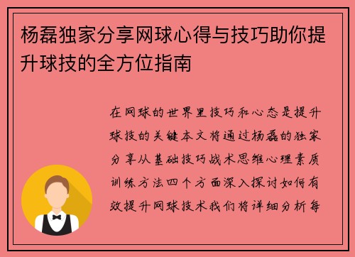 杨磊独家分享网球心得与技巧助你提升球技的全方位指南